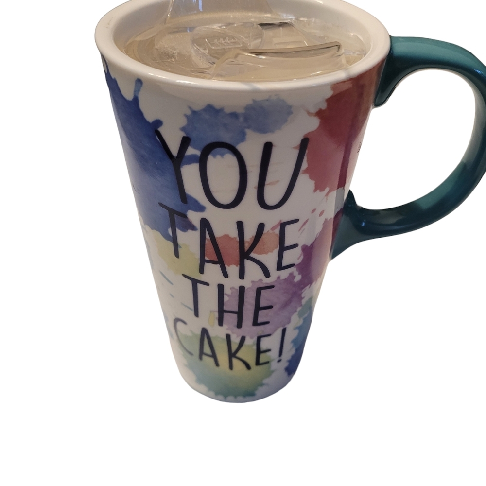 Cypress Home "you Take The Cake Mug" 17oz Inkblot pattern Slide Lock Top Unused